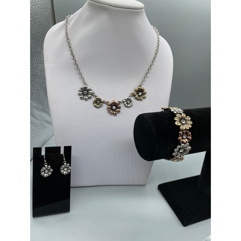 Mixed‎ Metal Floral Inspirational Jewelry Set Necklace Bracelet Earrings Daisy